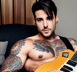 Attractive shirtless man with tattoos holding guitar