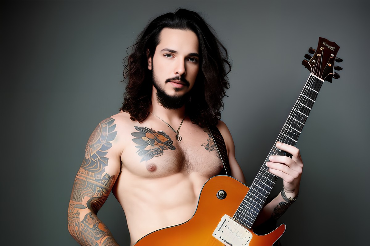 Hot shirtless tattooed man with a guitar