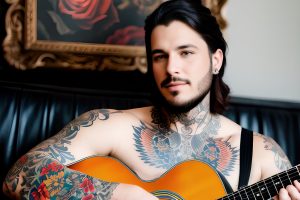 attractive shirtless man with tattoos holding a guitar